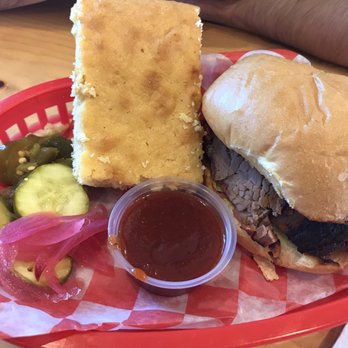 Smokey Mo - Brisket sandwich combo with cornbread - Barbeque Near Me - Tucson, Arizona Smokey Mo - Brisket sandwich combo with cornbread - Barbeque Near Me - Tucson, Arizona