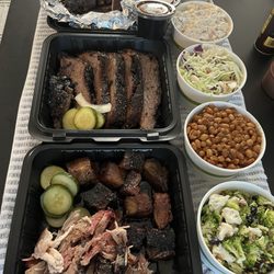 My 4 Sons BBQ - 1/2 rack of ribs, 1 lb brisket, 1/2 lb burnt tips, 1/2 lb pulled pork, sides are all a small
