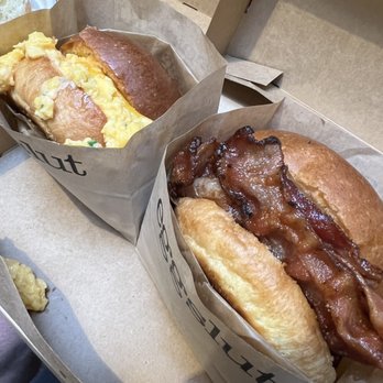 Eggslut - Left- Fairfax. Right- bacon, egg, and cheese - Breakfast & Brunch Near Me - Los Angeles, California