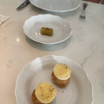Camphor - GF appetizer of green apple and geranium for niece and Gougeres for me - French Near Me - Los Angeles, California