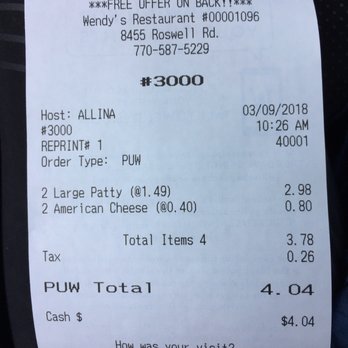 Wendy's - a receipt for a pizza order - Fast Food Near Me - Atlanta, Georgia