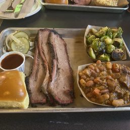 Brisket, beans, Brussels sprouts, bun, pickles & onions.