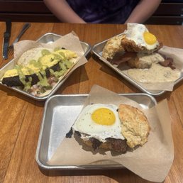 Chorizo Bacon Taco, Miso-Praline Bacon & Egg Biscuit, Big Bird Biscuit