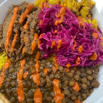 Zoa Moroccan Kitchen - Lentils, cabbage, eggplant, saffron rice with spicy (not that spicy) red harissa sauce...chef's - Moroccan Near Me - Houston, Texas Zoa Moroccan Kitchen - Lentils, cabbage, eggplant, saffron rice with spicy (not that spicy) red harissa sauce...chef's - Moroccan Near Me - Houston, Texas