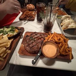 Ribeye and fries.  Street corn dip