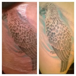 Realistic Philippine eagle thigh piece. About 11x5. Just over $200. Casey gave a discount for my birthday & for donating toys.