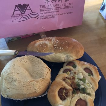 AA Bakery & Cafe - clockwise from the top: Gai Mee Bau, Hot Dog Bau, and Bau Lau Char Siu Bau. - Bakeries Near Me - San Francisco, California AA Bakery & Cafe - clockwise from the top: Gai Mee Bau, Hot Dog Bau, and Bau Lau Char Siu Bau. - Bakeries Near Me - San Francisco, California