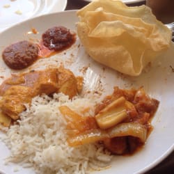 Malaysian Deli - Second helpings - chicken curry, squid sambal, coconut rice, poppadoms and sauces