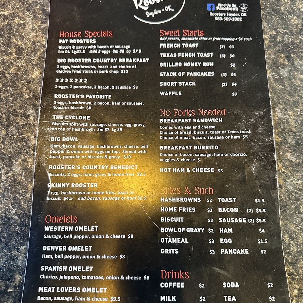 Roosters - Menu (Breakfast / Brunch) - American Near Me - Snyder, Oklahoma Roosters - Menu (Breakfast / Brunch) - American Near Me - Snyder, Oklahoma
