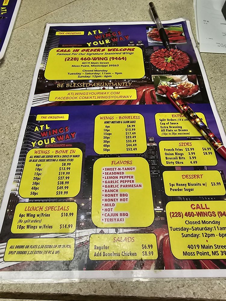 ATL WINGS YOUR WAY 4019 Main St, Moss Point, Mississippi Soul Food Restaurant Reviews