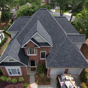 Kaiser Siding and Roofing - Aerial view of new roof installed for a Dunwoody, GA homeowner. - Roofing Near Me - Suwanee, Georgia Kaiser Siding and Roofing - Aerial view of new roof installed for a Dunwoody, GA homeowner. - Roofing Near Me - Suwanee, Georgia