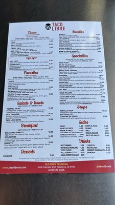 Menu photo 1 Taco Libre Pasadena, CA