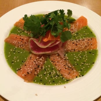 Kabosu - Salmon w/cilantro sauce, artistic peeled carrot & radish... Perfect for dipping to finish this addicting sauce! Omg... - Japanese Near Me - Los Angeles, California