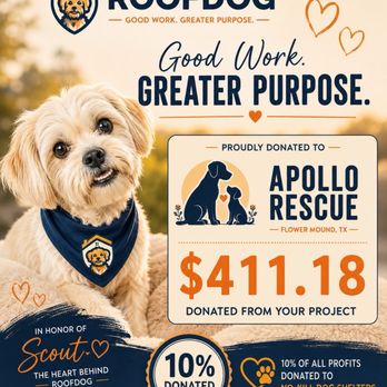 RoofDog Roofing - Email & Text received from RoofDog showing how much of our roof replacement was donated to the local dog rescue of our choice - Roofing Near Me - Argyle, Texas RoofDog Roofing - Email & Text received from RoofDog showing how much of our roof replacement was donated to the local dog rescue of our choice - Roofing Near Me - Argyle, Texas