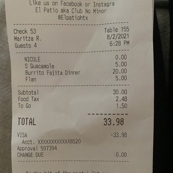 El Patio - the receipt for a $25 burrito. - Mexican Near Me - Houston, Texas El Patio - the receipt for a $25 burrito. - Mexican Near Me - Houston, Texas
