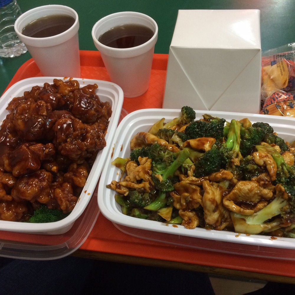 General Tso's, broccoli chicken and home made sweat tea. General Tso's, broccoli chicken and home made sweat tea.