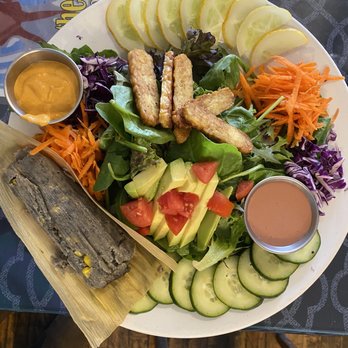 Morning Glory Cafe - Blue corn tamale with Tempeh Avocado Salad - Breakfast & Brunch Near Me - Flagstaff, Arizona