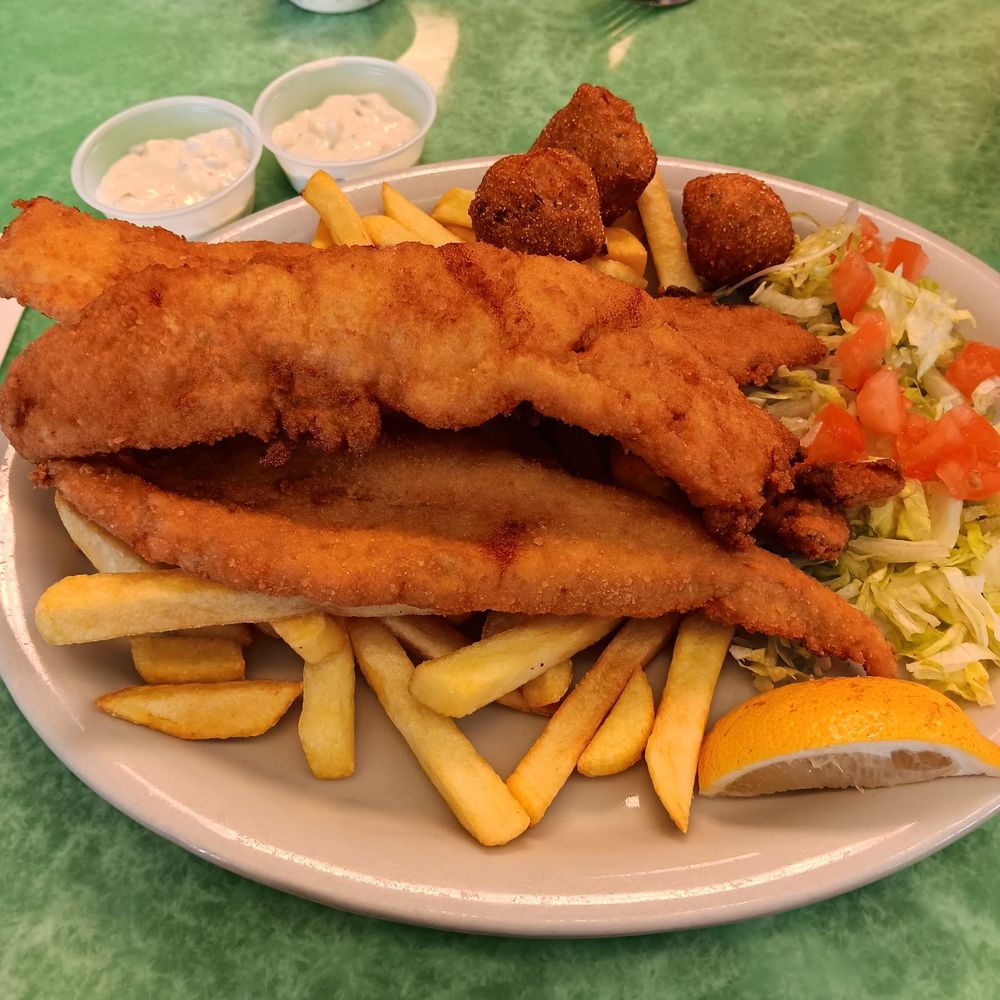 3 piece fish with fries and hushpuppies 3 piece fish with fries and hushpuppies