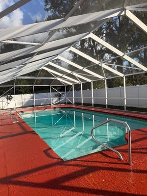 FUNK & MILDEW REMOVAL! - These repeat customers of ours have a beautiful pool and pool deck covered by a bird cage that needed some help! Homeowners know over time mildew, pollen, algae, and weather grime can build up on surfaces if left untreated for some time. Life gets busy and sometimes you just don’t have time to clean outside! They called us and we were more than happy to bring this back to life!

We also repainted that pool deck shown in the “after” photo’s.