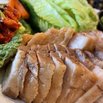 Hanmi Korean Restaurant - Boiled pork Bossam with fresh and steamed Napa Cabbage and perilla - Korean Near Me - Artesia, California