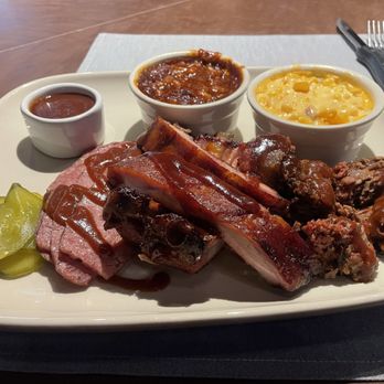 Jack Stack Barbecue - Freight House - Combo plate: burnt ends beef, sausage and pork ribs - Barbeque Near Me - Kansas City, Missouri