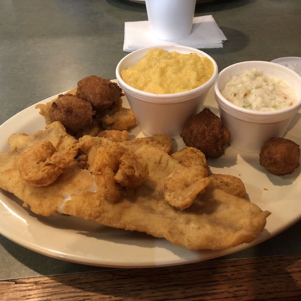 Billy's Place Seafood, Steak & More - Grouper and shrimp with cheese grits and coleslaw. It was all delicious. - Seafood Near Me - Ochlocknee, Georgia
