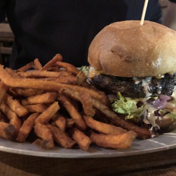 House of ‘Que - Burger with sweet potato fries - Barbeque Near Me - Hoboken, New Jersey