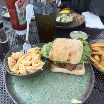 Harry's Grill - Harry's BLT on Ciabatta  with Sea shell salad and seashore French fries - Burgers Near Me - Anna Maria, Florida
