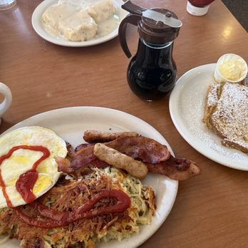 Millbrae Pancake House - Bacon and sausage, with eggs and hash browns- side of French toast. - American Near Me - Millbrae, California