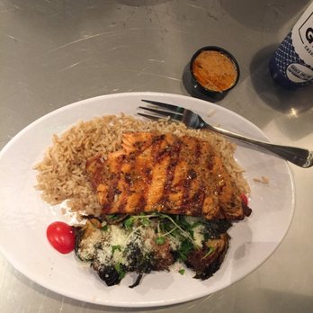 California Fish Grill - Grilled Steelhead in Cajun Sauce with a side of Brussel Sprouts in Balsamic Glaze, and brown Rice. - Seafood Near Me - Riverside, California