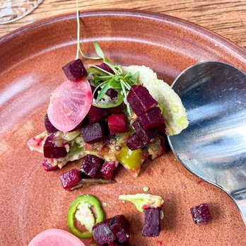 Comedor - The last two bites of the HH Avocado Tostada, Grilled Beets, Shishito Salpicón (13). Yummy!! - Mexican Near Me - Austin, Texas