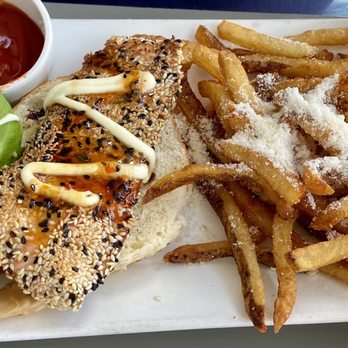 Red 36 - Sesame Salmon Burger - Seafood Near Me - Mystic, Connecticut Red 36 - Sesame Salmon Burger - Seafood Near Me - Mystic, Connecticut