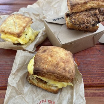 Little Ola's Biscuits - Sausage egg and cheese + fried chicken biscuit - Salad Near Me - Austin, Texas
