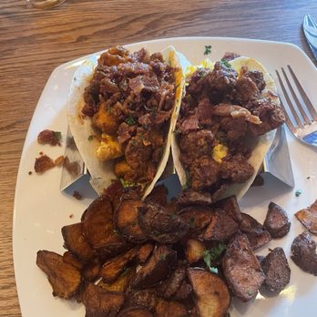 The Sturges Speakeasy - Buffalo chicken tacos with eggs and bacon with a side of home fries - New American Near Me - Harrisburg, Pennsylvania