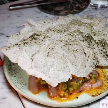L'Accolade - Citrus Cured Snapper with fermented chili and nori. - French Near Me - New York, New York L'Accolade - Citrus Cured Snapper with fermented chili and nori. - French Near Me - New York, New York