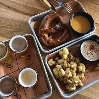 Booneshine Brewing - Flight, pretzel with beer cheese and the fried cauliflower! Delish! - Breweries Near Me - Boone, North Carolina Booneshine Brewing - Flight, pretzel with beer cheese and the fried cauliflower! Delish! - Breweries Near Me - Boone, North Carolina
