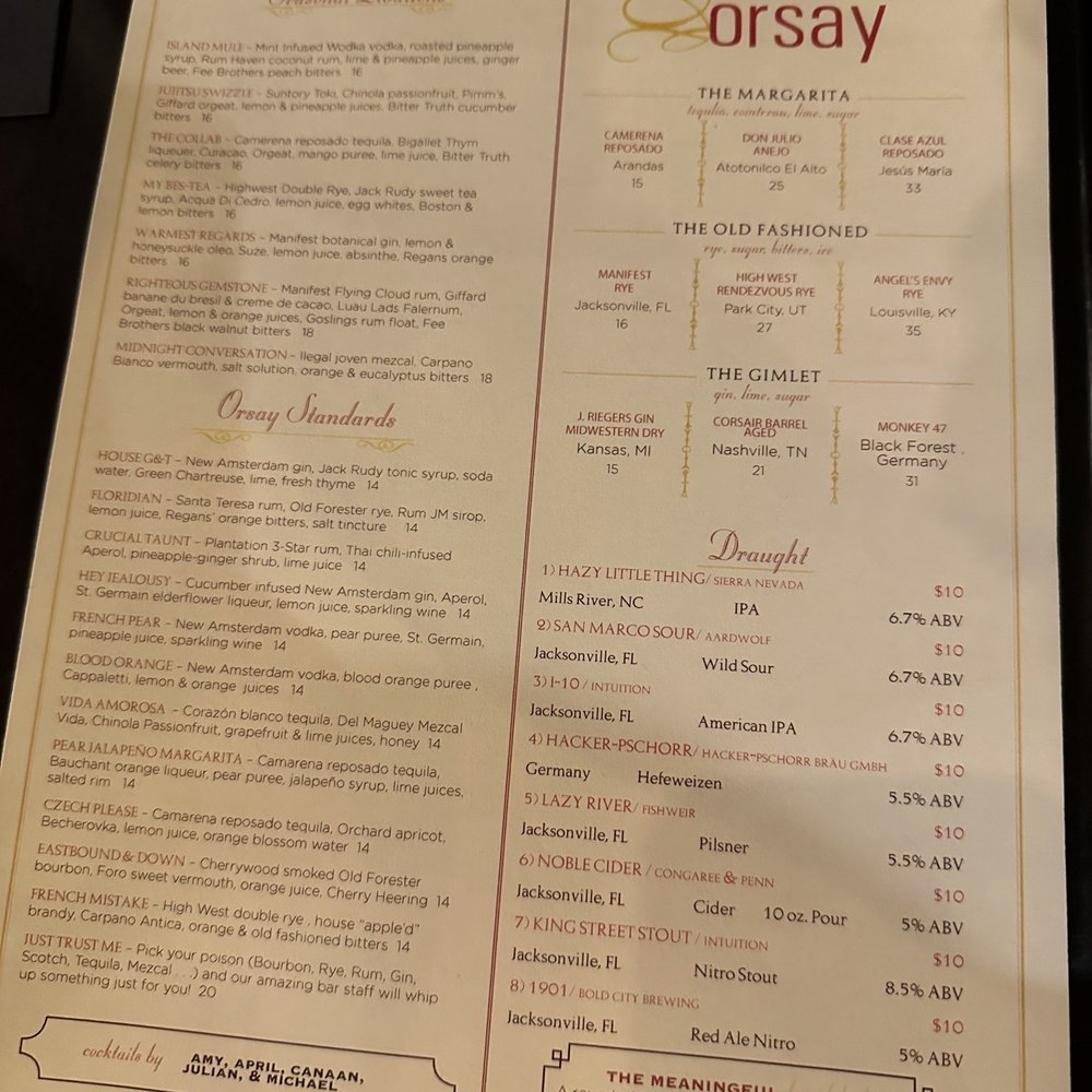 Orsay - Drink menu front - French Near Me - Jacksonville, Florida Orsay - Drink menu front - French Near Me - Jacksonville, Florida