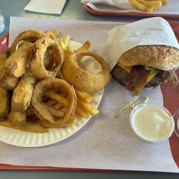 Mission Burgers - California Burger onion rings fried zucchini and French fries - Burgers Near Me - Riverside, California