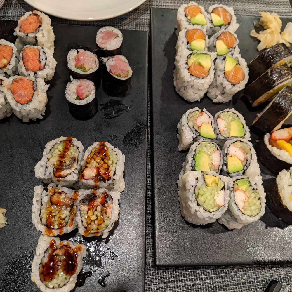 Sake Kawa - Spicy tuna, yellowtail, salmon avocado, eel cucumber, California, and futo maki rolls. Not a lot of fish, LOTS of julienned cucumber! - Sushi Bars Near Me - Astoria, New York Sake Kawa - Spicy tuna, yellowtail, salmon avocado, eel cucumber, California, and futo maki rolls. Not a lot of fish, LOTS of julienned cucumber! - Sushi Bars Near Me - Astoria, New York