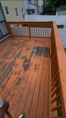Deck renovation - This deck renovation was long awaited , First I started off by removing dust and debris from the surface with a broom . After I began pressure washing the deck , allowed it to dry for a few hours . Then paint to finish off