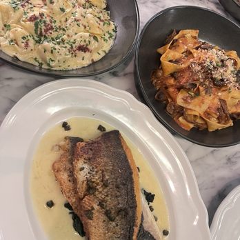 Zio's - Tortellini Alfredo (top left) Parpadelle ragu (top right) Branzino piccata (bottom) - Italian Near Me - Las Vegas, Nevada
