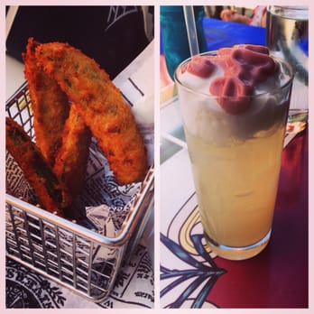 Carnation Cafe - fried pickles and lemonade with citrus foam - American Near Me - Anaheim, California Carnation Cafe - fried pickles and lemonade with citrus foam - American Near Me - Anaheim, California