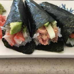 California hand roll, spicy tuna hand roll & salmon skin hand roll