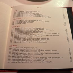 Wine list of drinks including champagne and sake Wine list of drinks including champagne and sake
