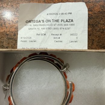 Ortega's On the Plaza - Ortega's receipt for the spiny oyster hoops, never again - Jewelry Near Me - Santa Fe, New Mexico Ortega's On the Plaza - Ortega's receipt for the spiny oyster hoops, never again - Jewelry Near Me - Santa Fe, New Mexico