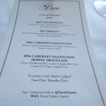 Davis Estates - menu for the day - Wineries Near Me - Calistoga, California