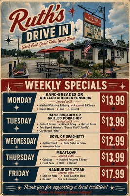 Menu photo 1 Ruth's Drive In Hartsville, SC Menu photo 1 Ruth's Drive In Hartsville, SC