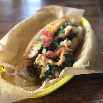 Dat Dog - Spicy chipotle dog (vegan) with an assortment of toppings! - Hot Dogs Near Me - New Orleans, Louisiana