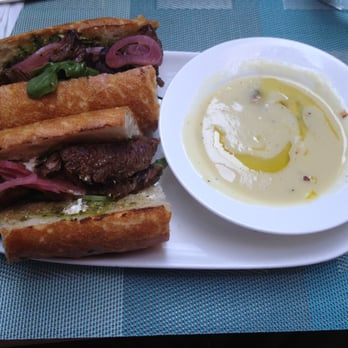 Wine 30 - Grilled Skirt Steak Sandwich served with side of Leek & Potato Soup flavored with pistachios - Wine Bars Near Me - New York, New York Wine 30 - Grilled Skirt Steak Sandwich served with side of Leek & Potato Soup flavored with pistachios - Wine Bars Near Me - New York, New York