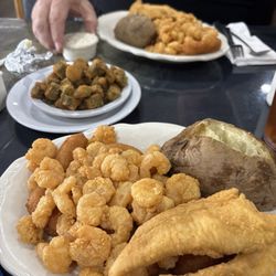 Harbor Inn Seafood Restaurant - This was the Friday special, which was flounder and shrimp. And then we also ordered a side of okra, which was delicious.
